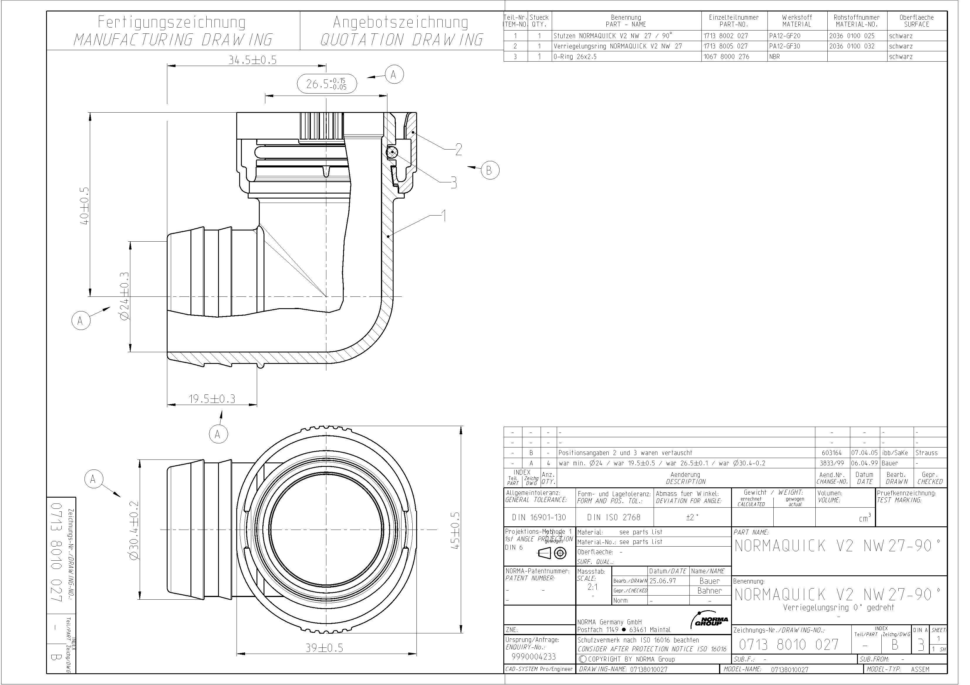 NQ-V2 Steckverbindung NW 27 - 90° - NBR, mit 29 mm Schlauchanschluss