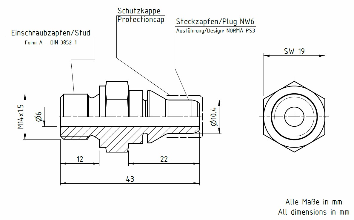 VDA Einschraub Stecknippel NW 06 - M14x1.5 aus Aluminium | 40061174X