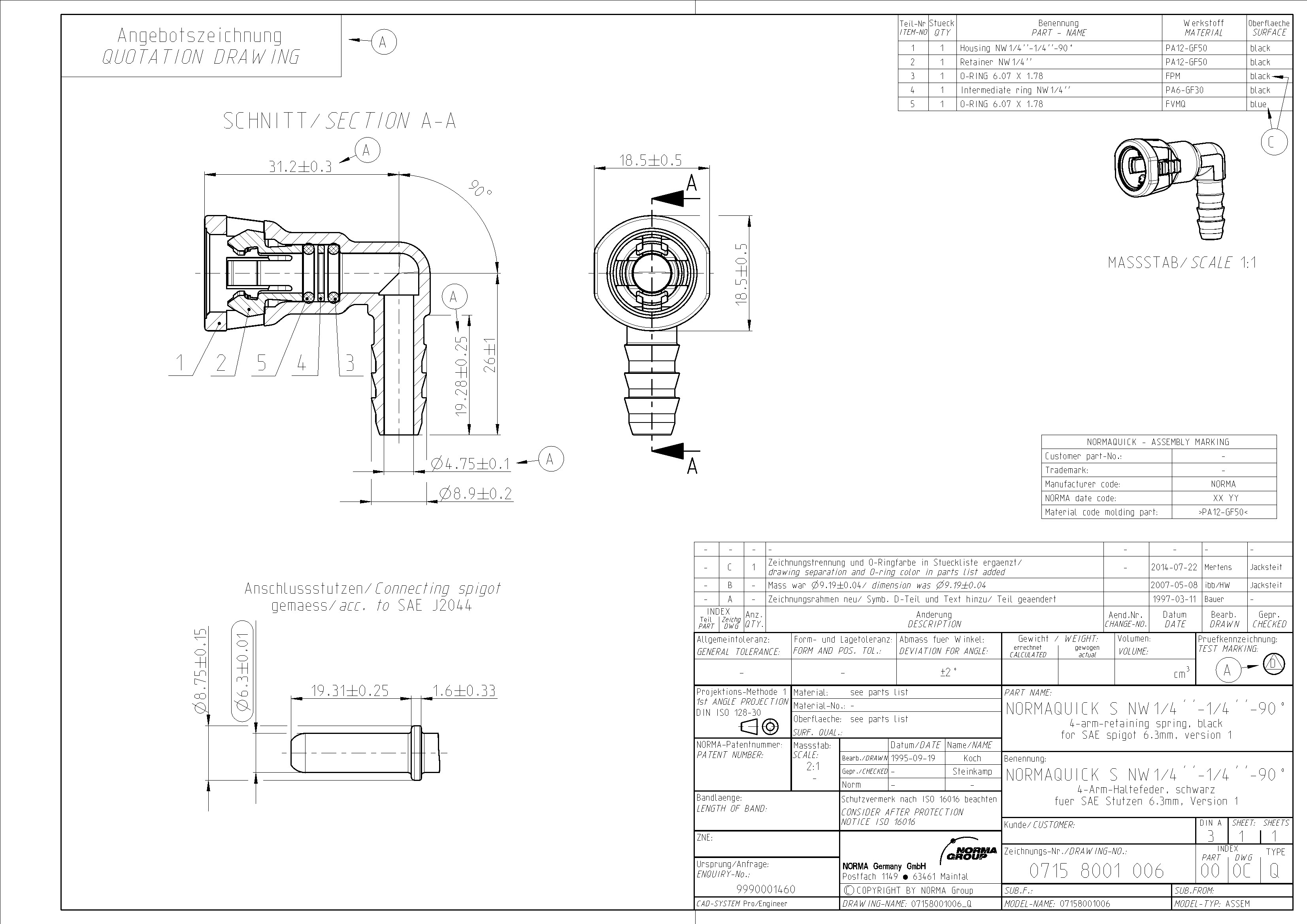 NQ-S 90°-Steckverbindung NW 1/4", mit 1/4"Schlauchanschluss (6,4 mm)