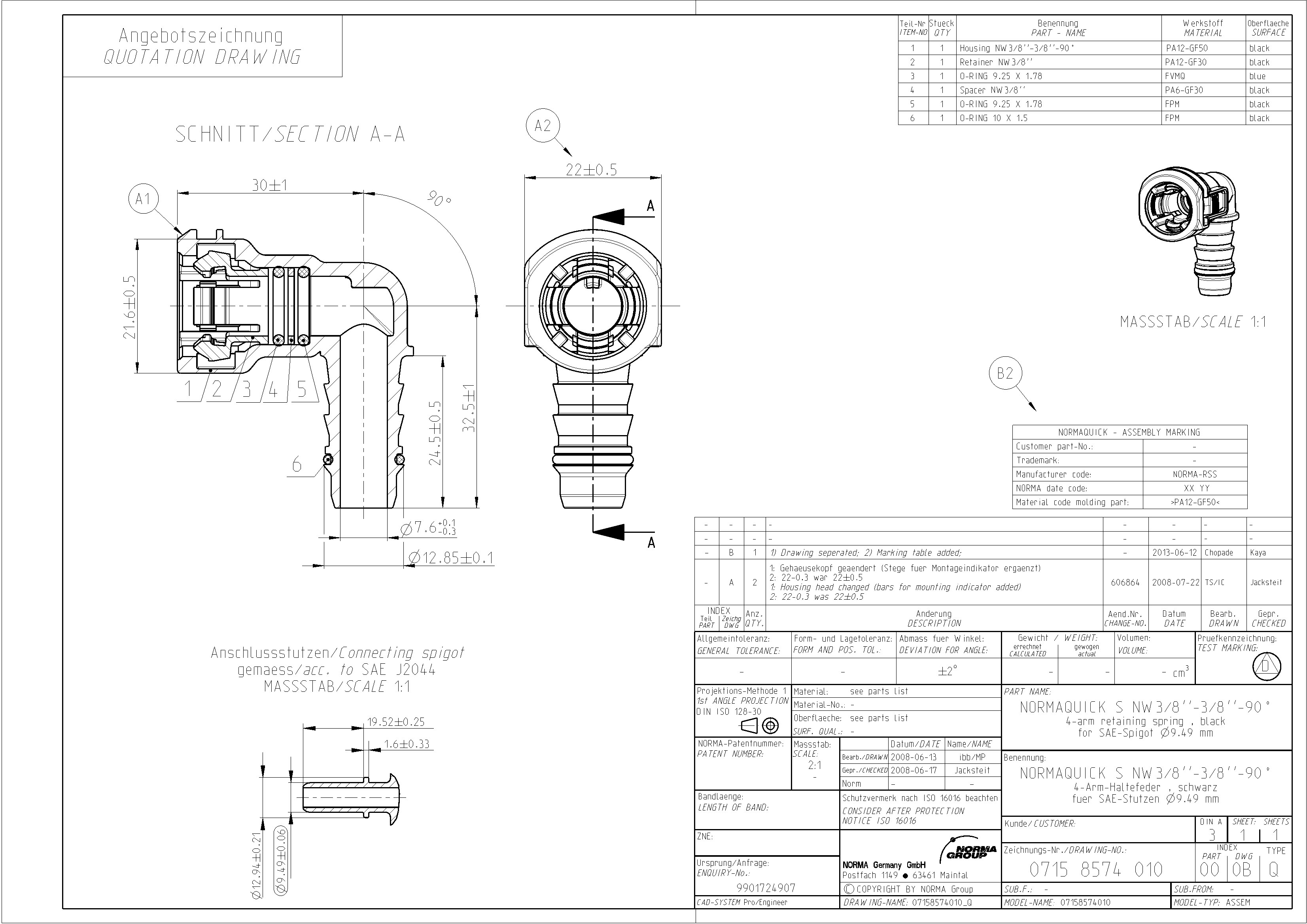 NQ-S 90°-Steckverbindung NW 3/8", mit 3/8" Schlauchanschluss (9,5 mm)