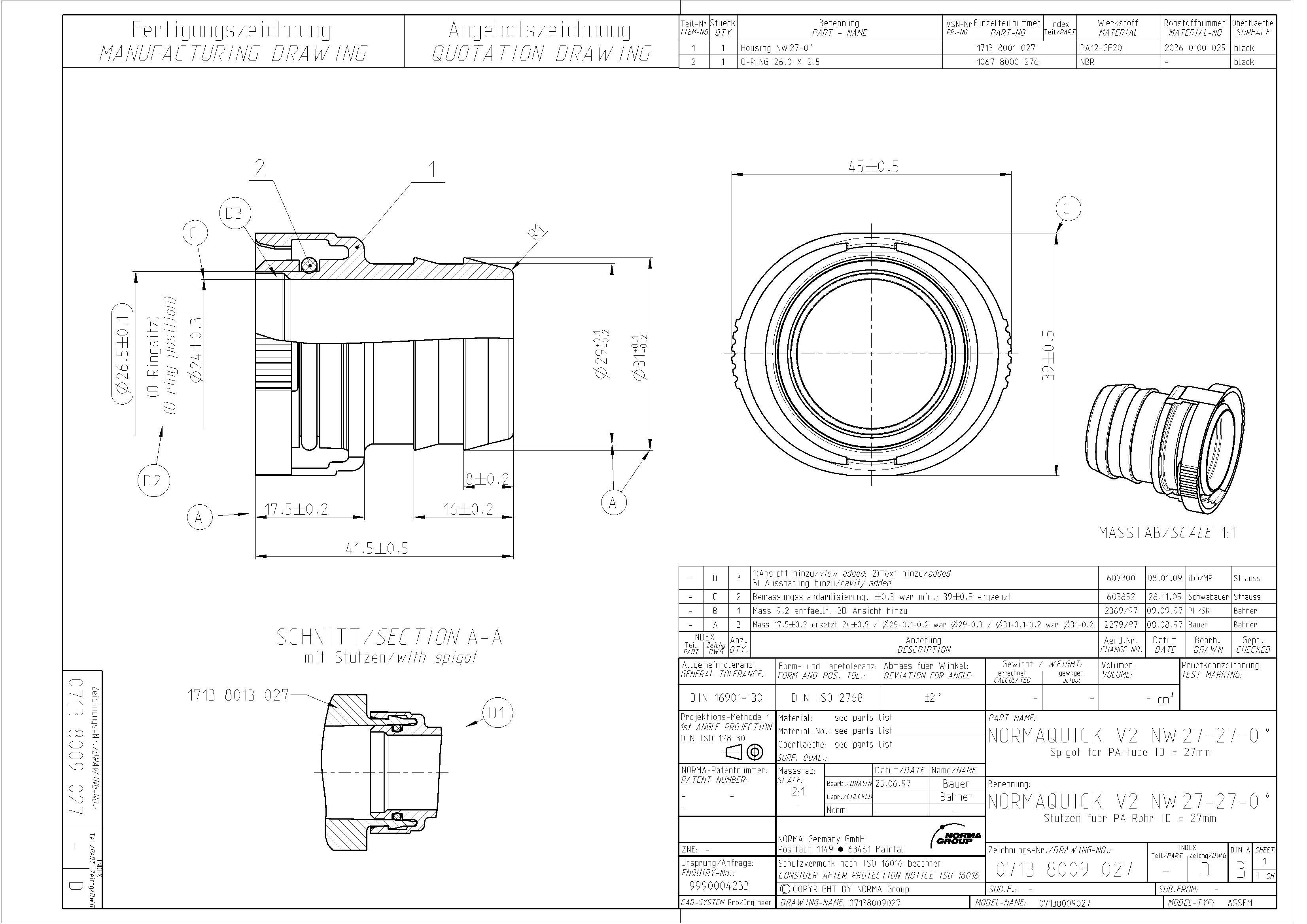 NQ-V2 Steckverbindung NW 27 - 0° - NBR, 29 mm Schlauchanschluss