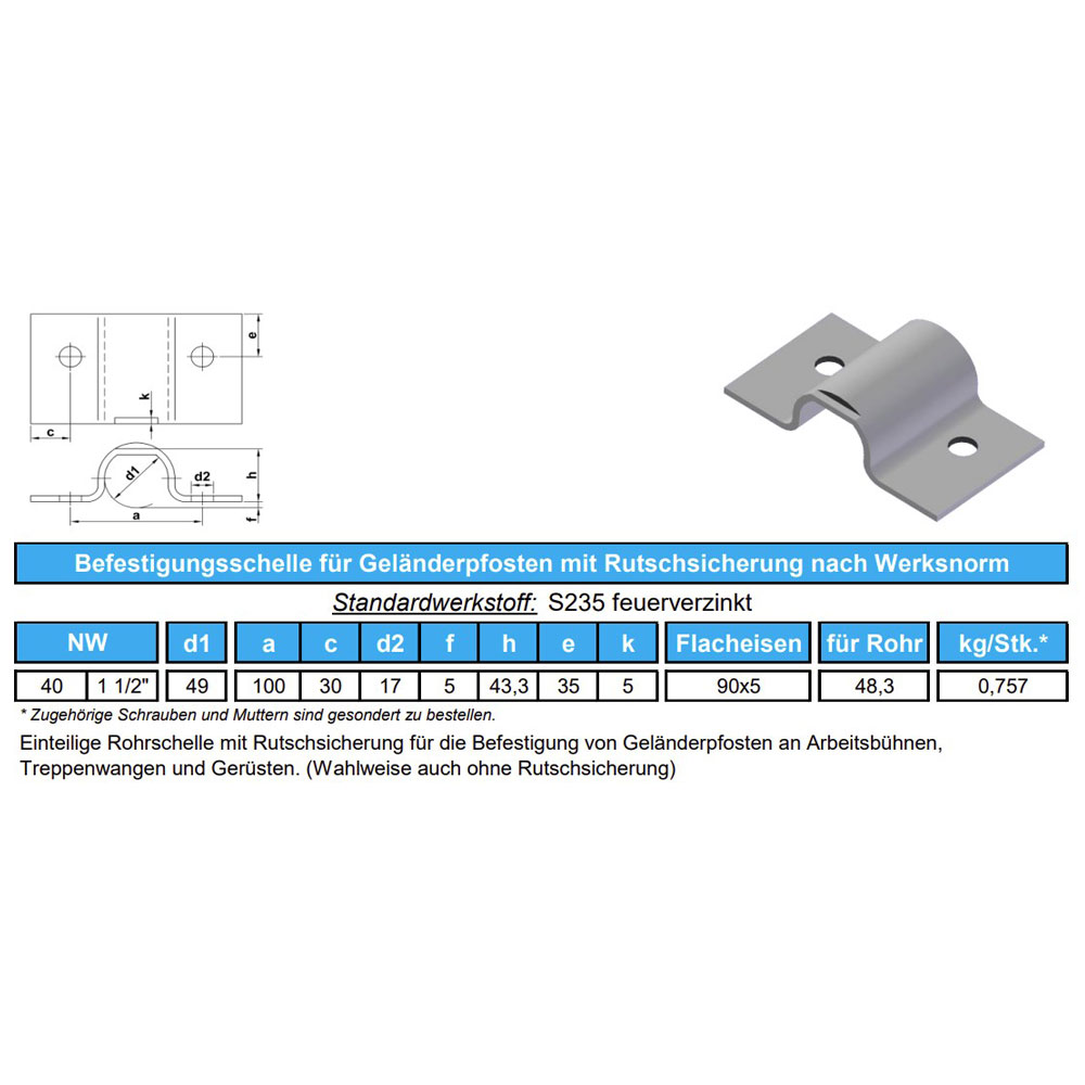 Datenblatt Rohrschelle Ø 49mm mit Rutschsicherung