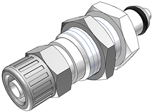 PMCD4004 - CPC Stecker mit 6,4 mm AD und 4,3 mm ID mit Klemmringverschraubung, zur Plattenmontage, mit Absperrventil