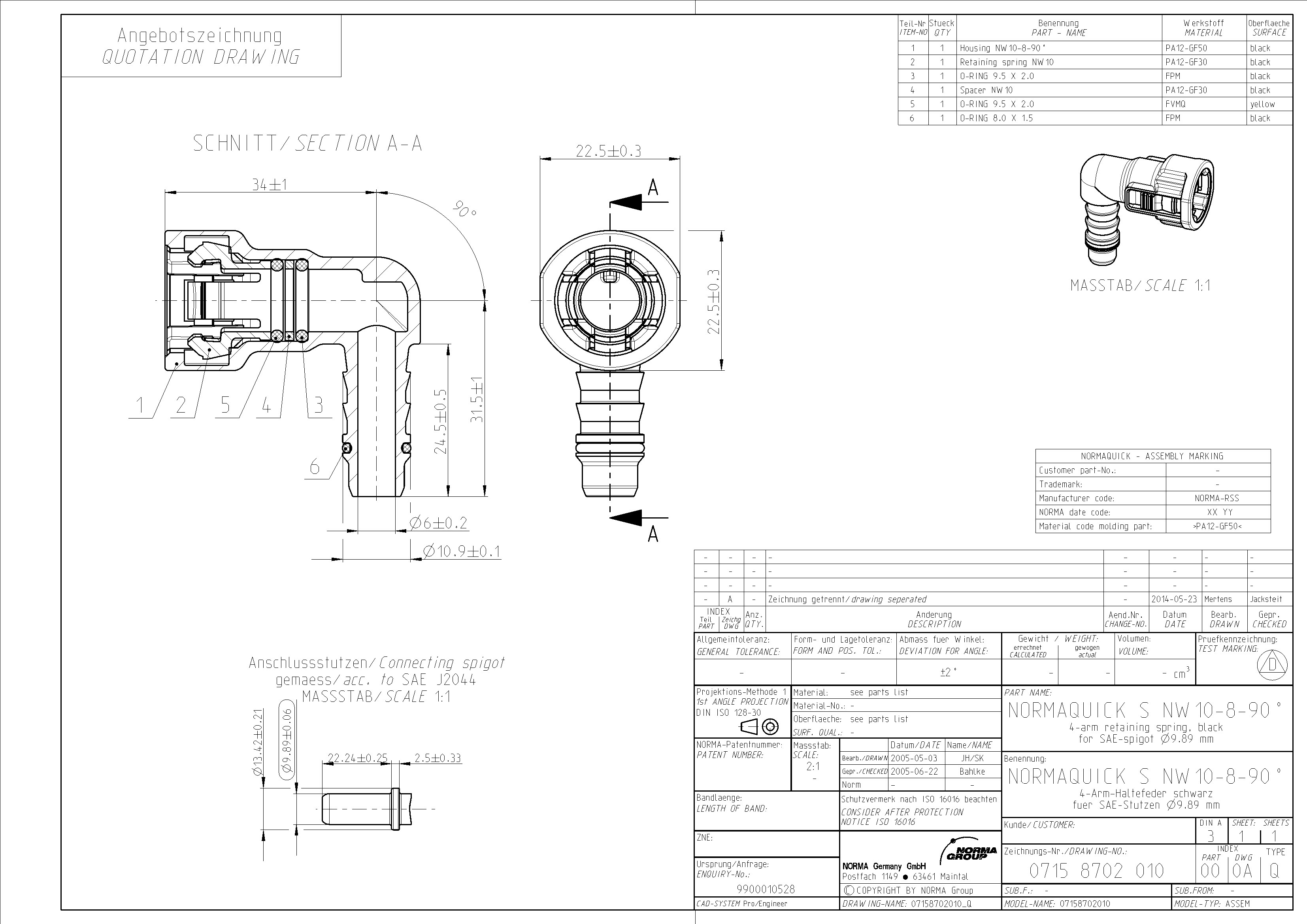 NQ-S 90°-Steckverbindung NW 10, mit 8 mm Schlauchanschluss