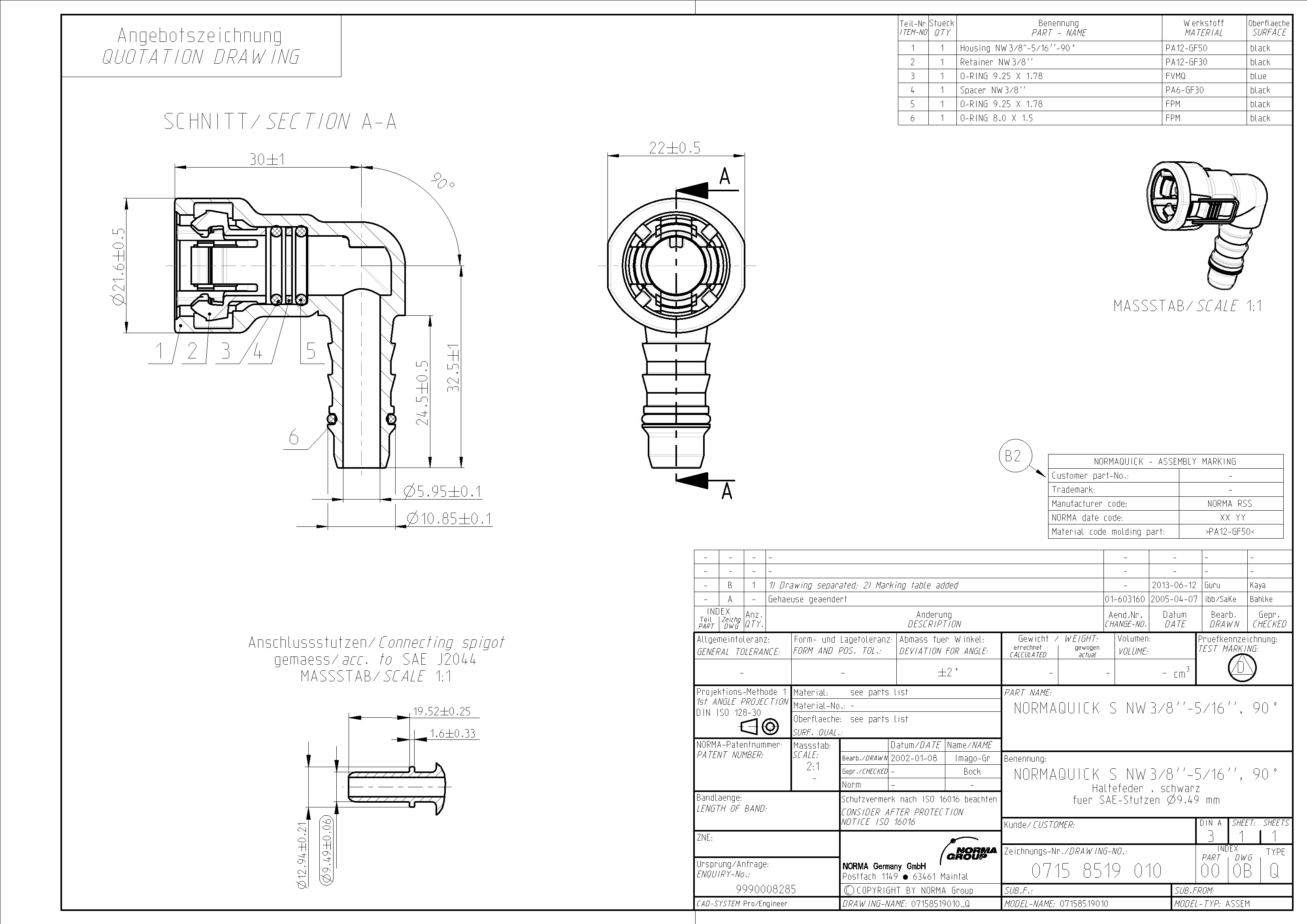 NQ-S 90°-Steckverbindung NW 3/8", mit 5/16" Schlauchanschluss (ca. 8 mm)