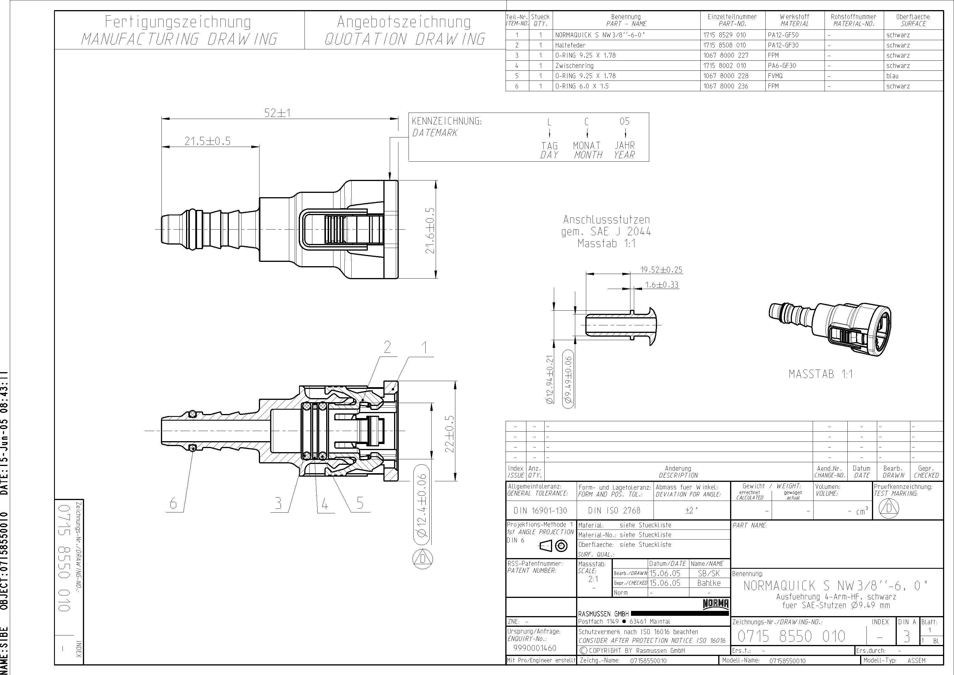 NQ-S gerade Steckverbindung NW 3/8", mit 6 mm Schlauchanschluss