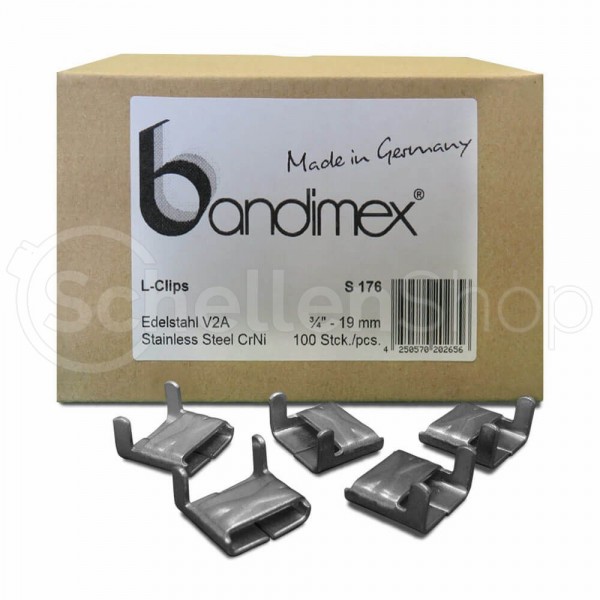 Bandimex L-Clips S176 für Bandbreite 19 mm (3⁄4″), V2A Edelstahl - verstärkte Ausführung